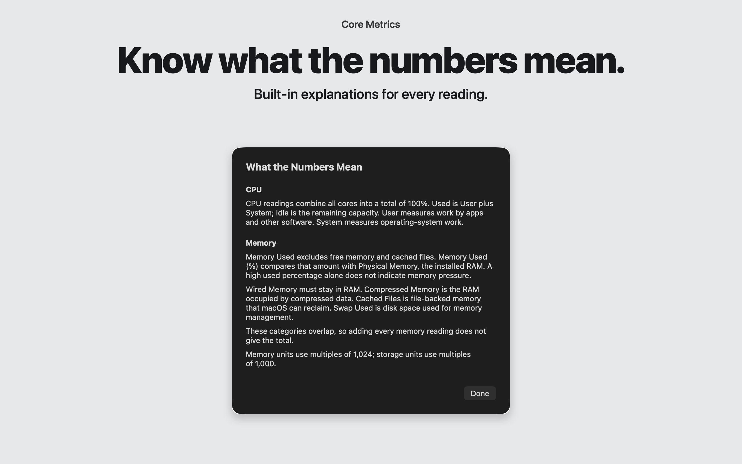 Ghidul Metric Help din Core Metrics, cu explicații despre procesor, categoriile de memorie și unitățile de măsură.