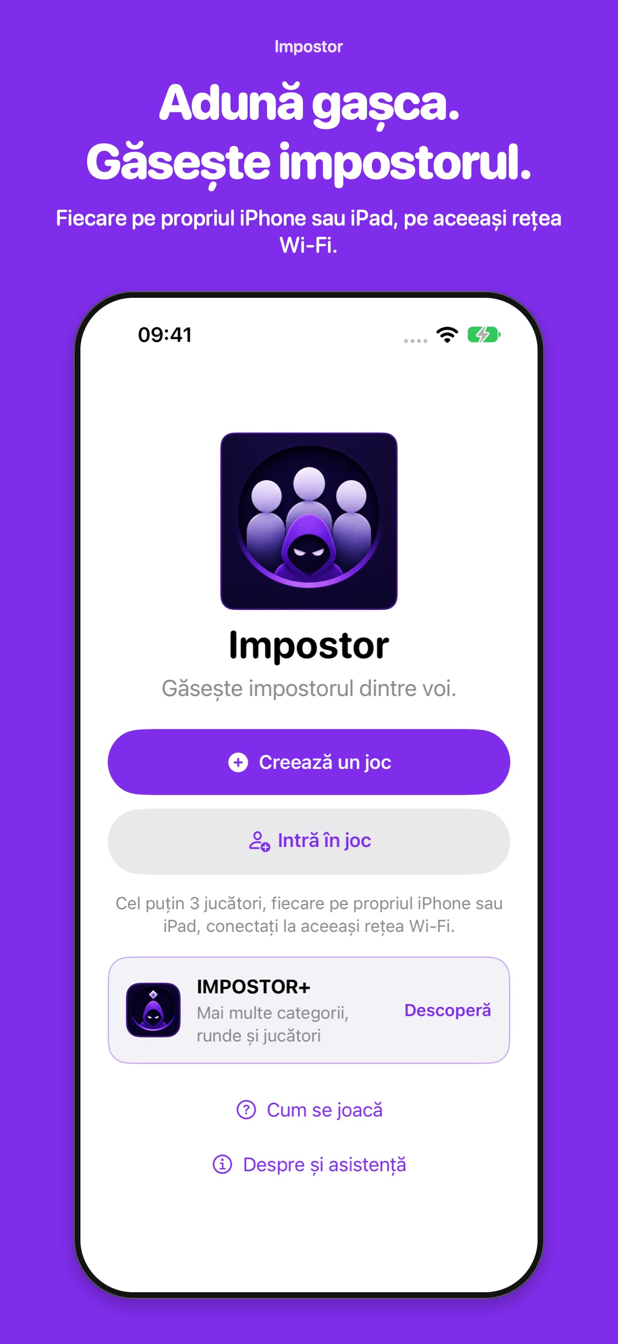 Impostor home screen and purple identity with the hooded character
