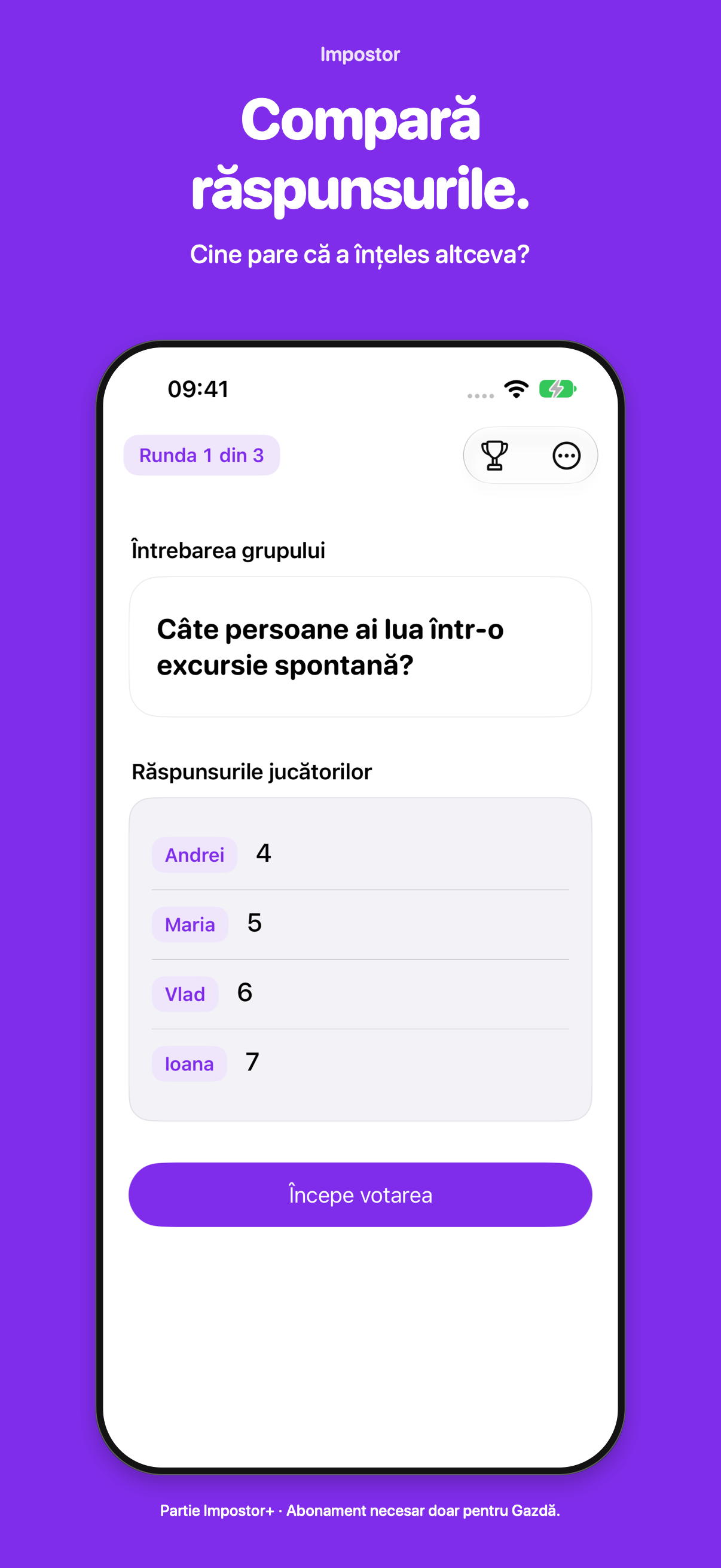 Impostor group question about a spontaneous trip with four named numerical answers