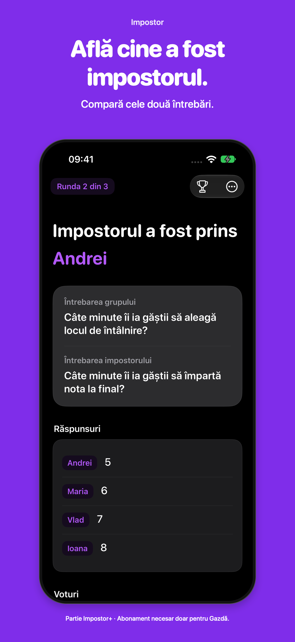 Impostor dark-mode result revealing Andrei and showing both Romanian questions