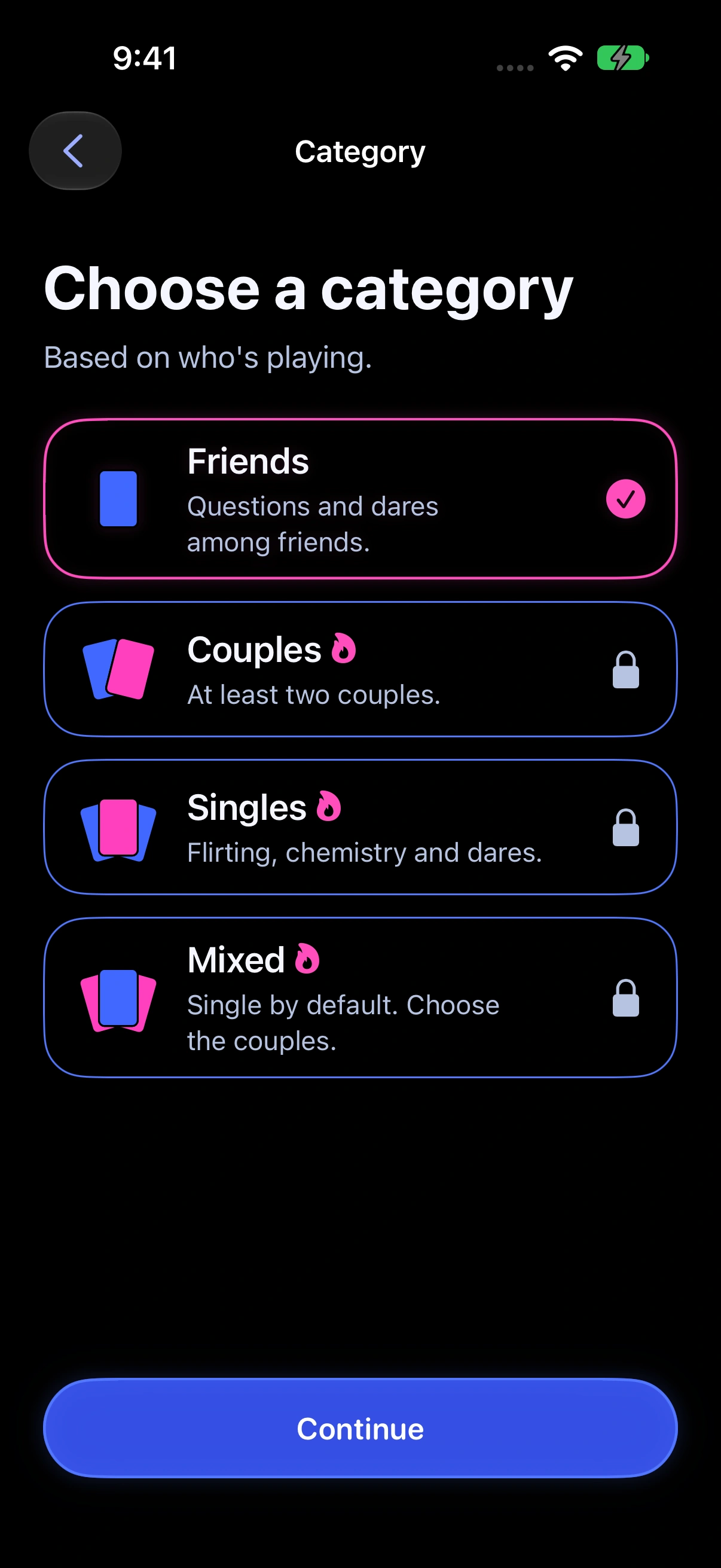 Instigator on iPhone — category selection