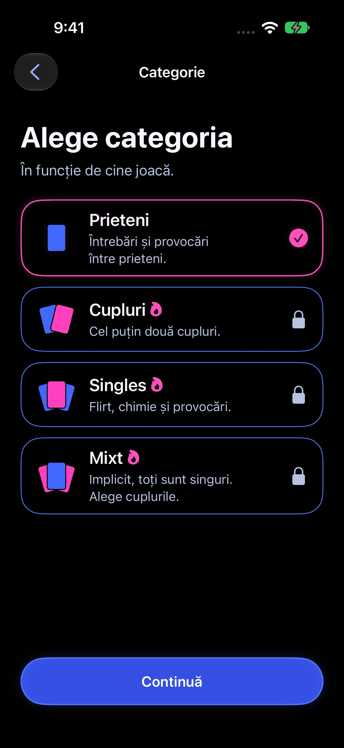 Instigator pe iPhone — alegerea categoriei