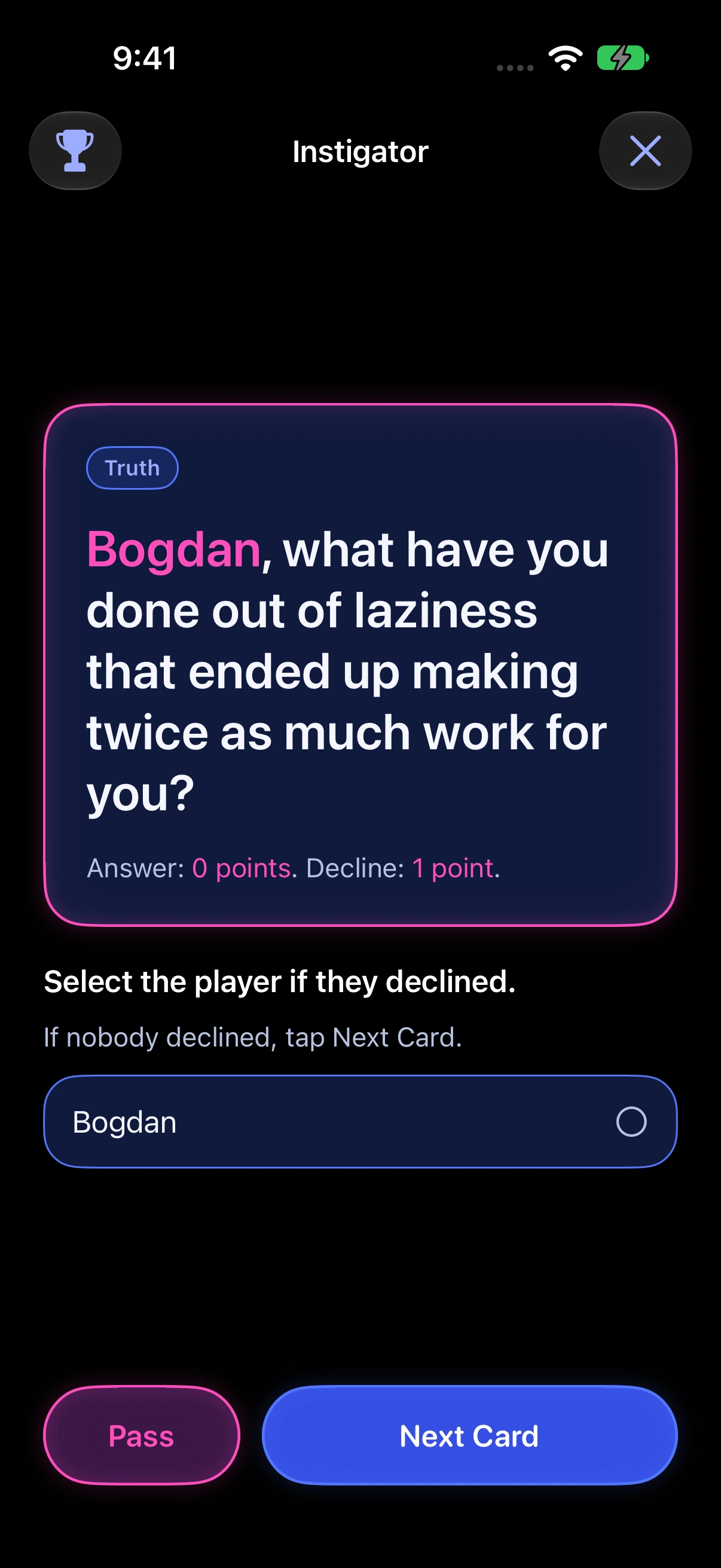 Instigator on iPhone — current card