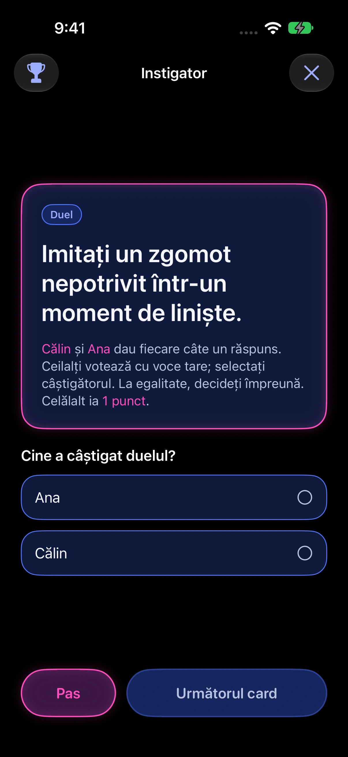 Instigator pe iPhone — cardul curent