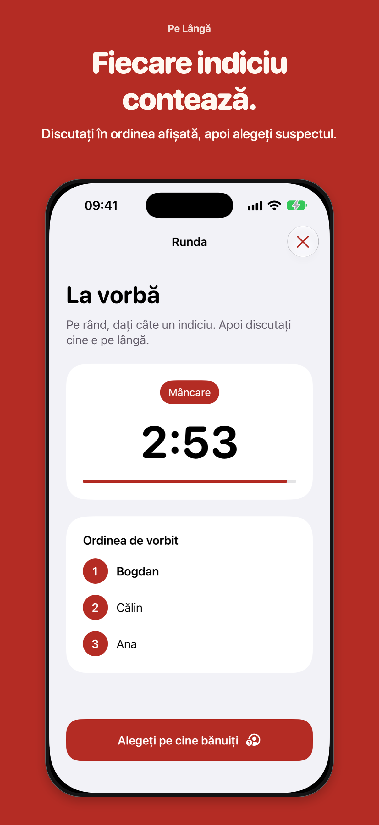 Pe Lângă discussion screen with the timer and speaking order Bogdan, Călin, Ana