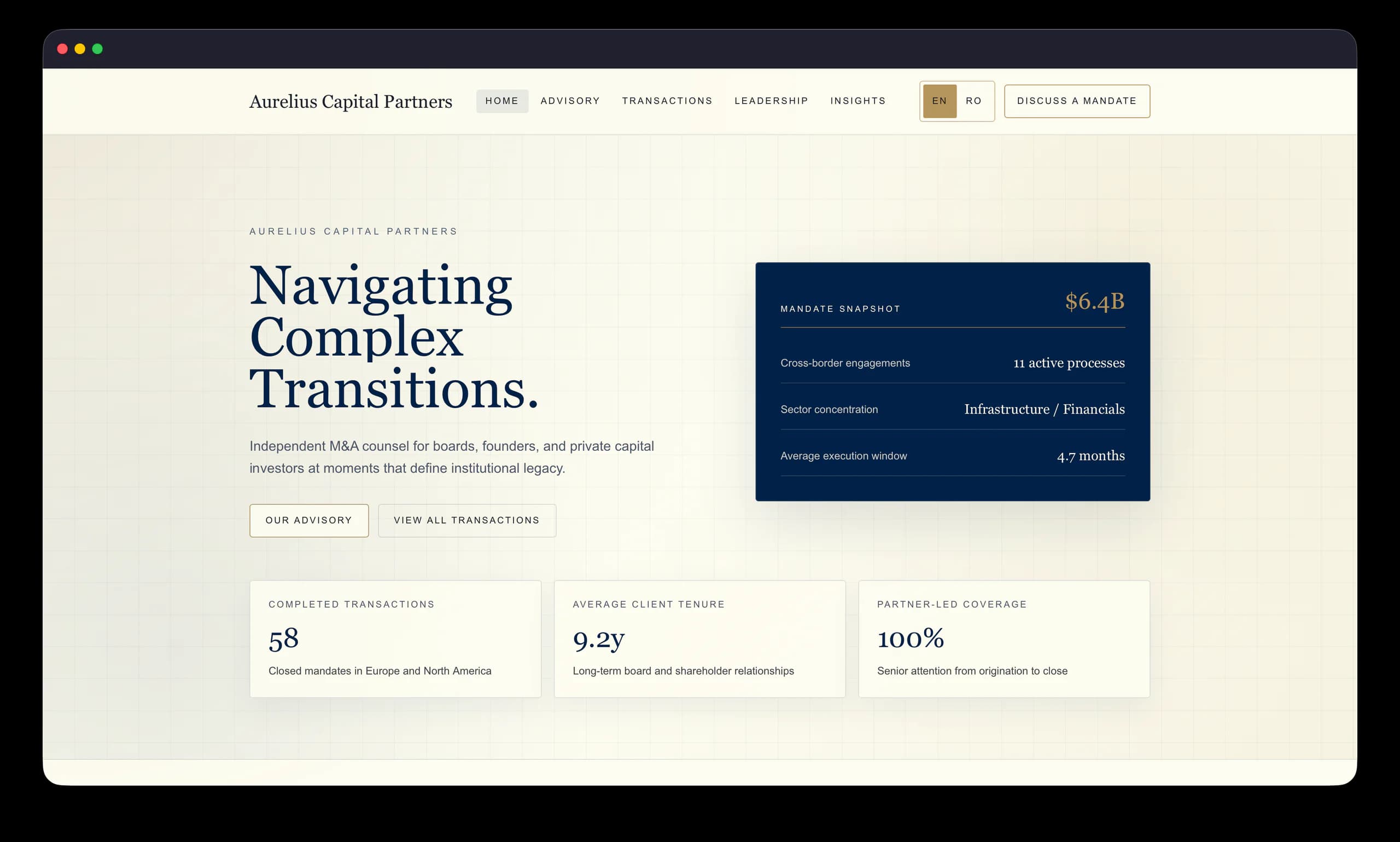 Aurelius Capital Partners M&A advisory concept displayed in a Safari browser window