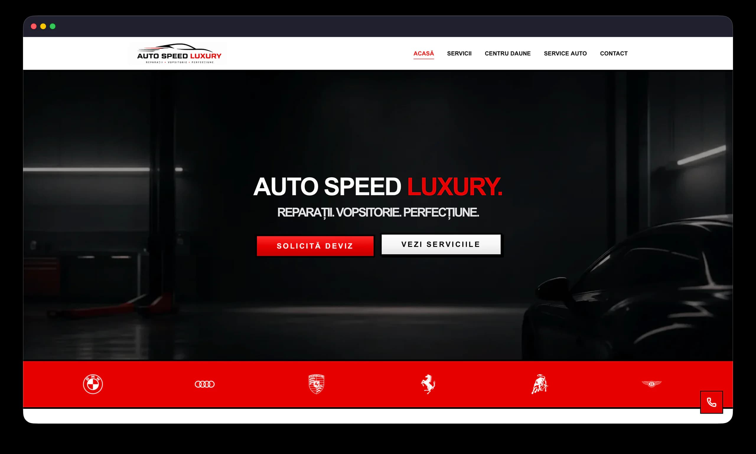 Site-ul de service auto Auto Speed Luxury afișat într-o fereastră Safari