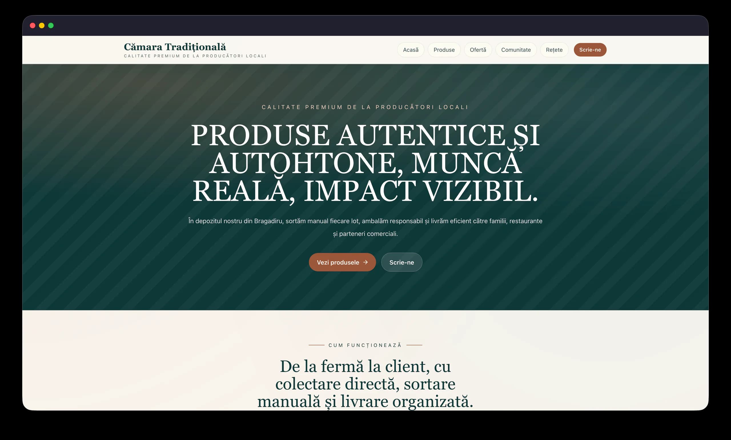 Site-ul pentru produse locale Cămara Tradițională afișat într-o fereastră Safari