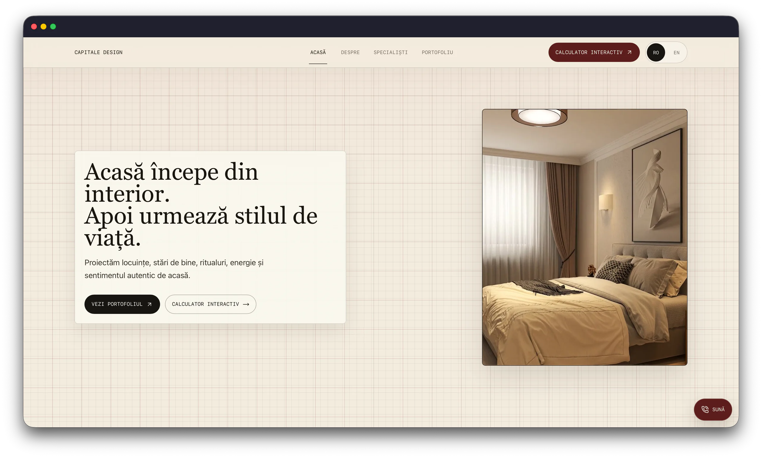 Site-ul de design interior Capitale Design afișat într-o fereastră Safari