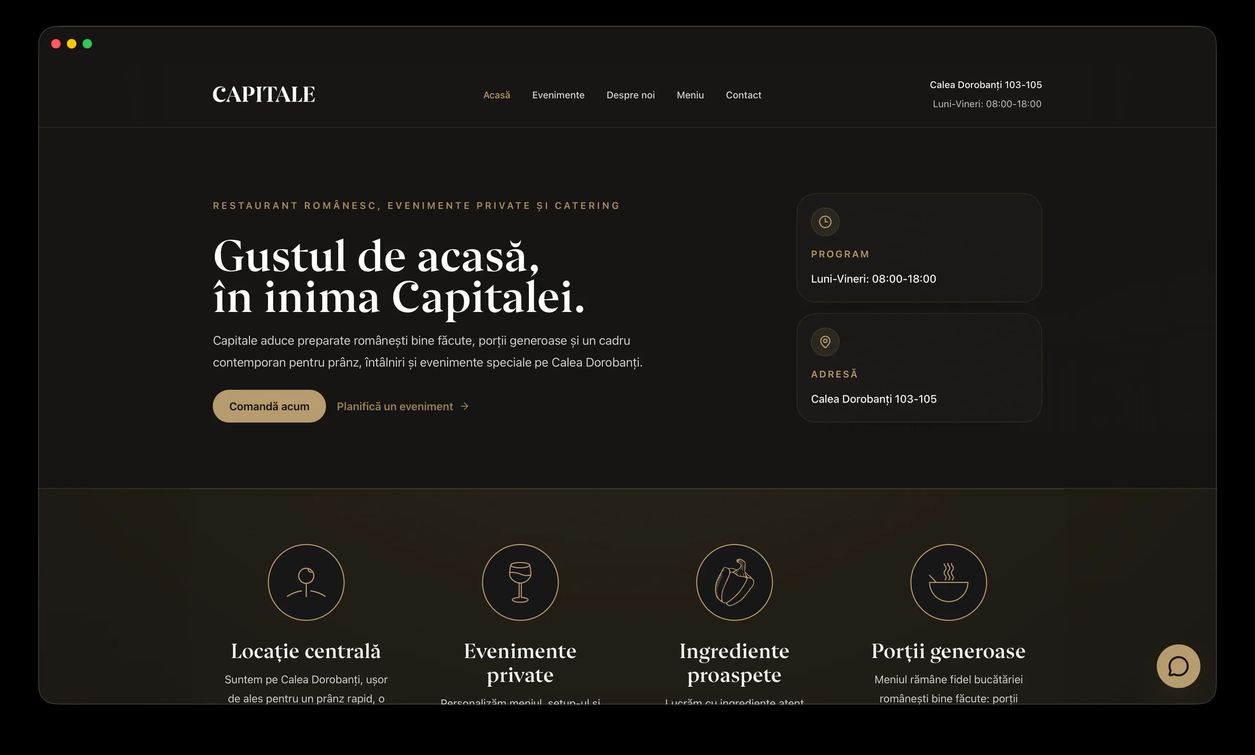 Site-ul Capitale Restaurant afișat într-o fereastră Safari