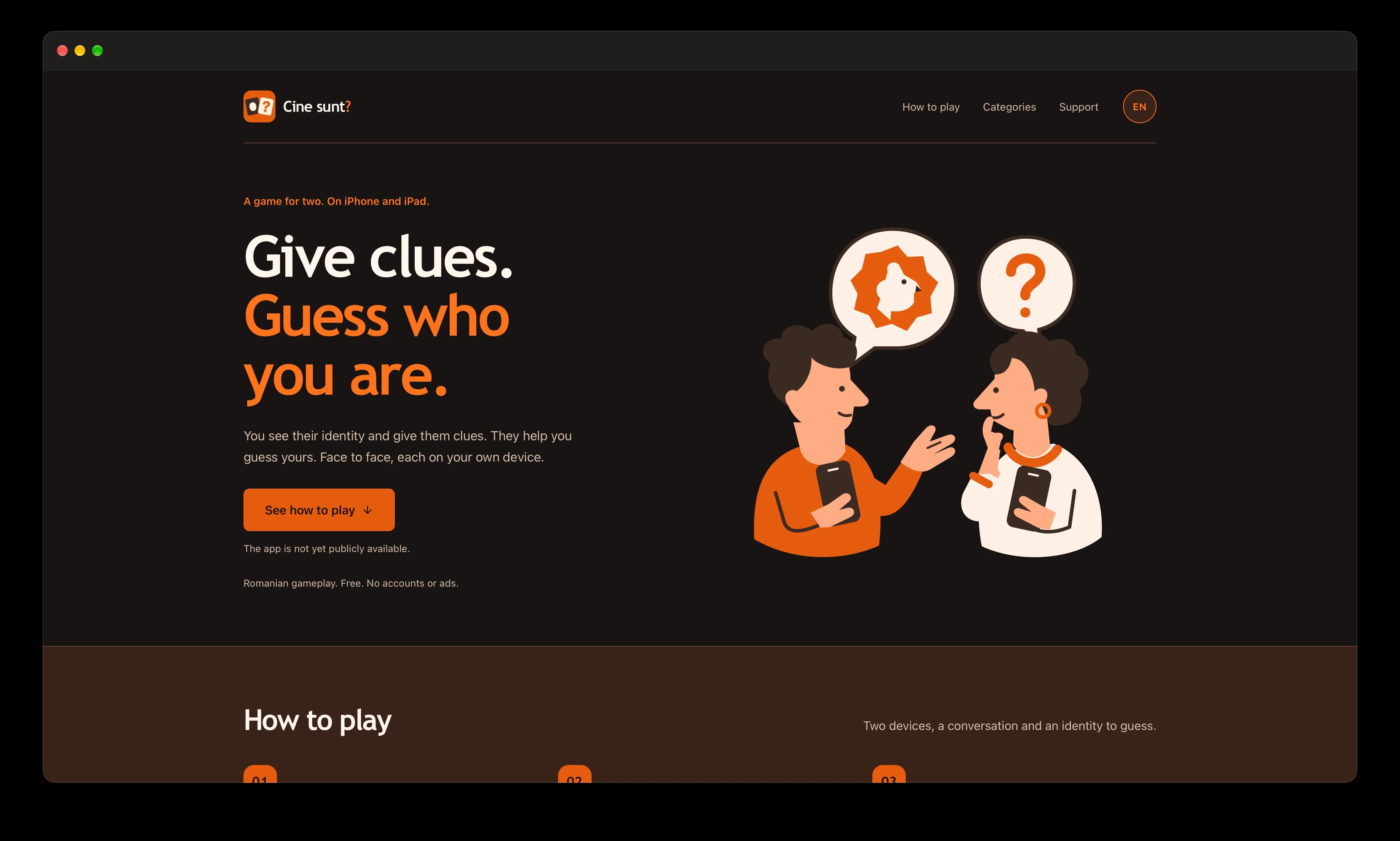 Site-ul Cine sunt? cu un titlu portocaliu și o ilustrație cu doi jucători care oferă indicii despre identități folosind telefoanele, într-o fereastră de browser întunecată