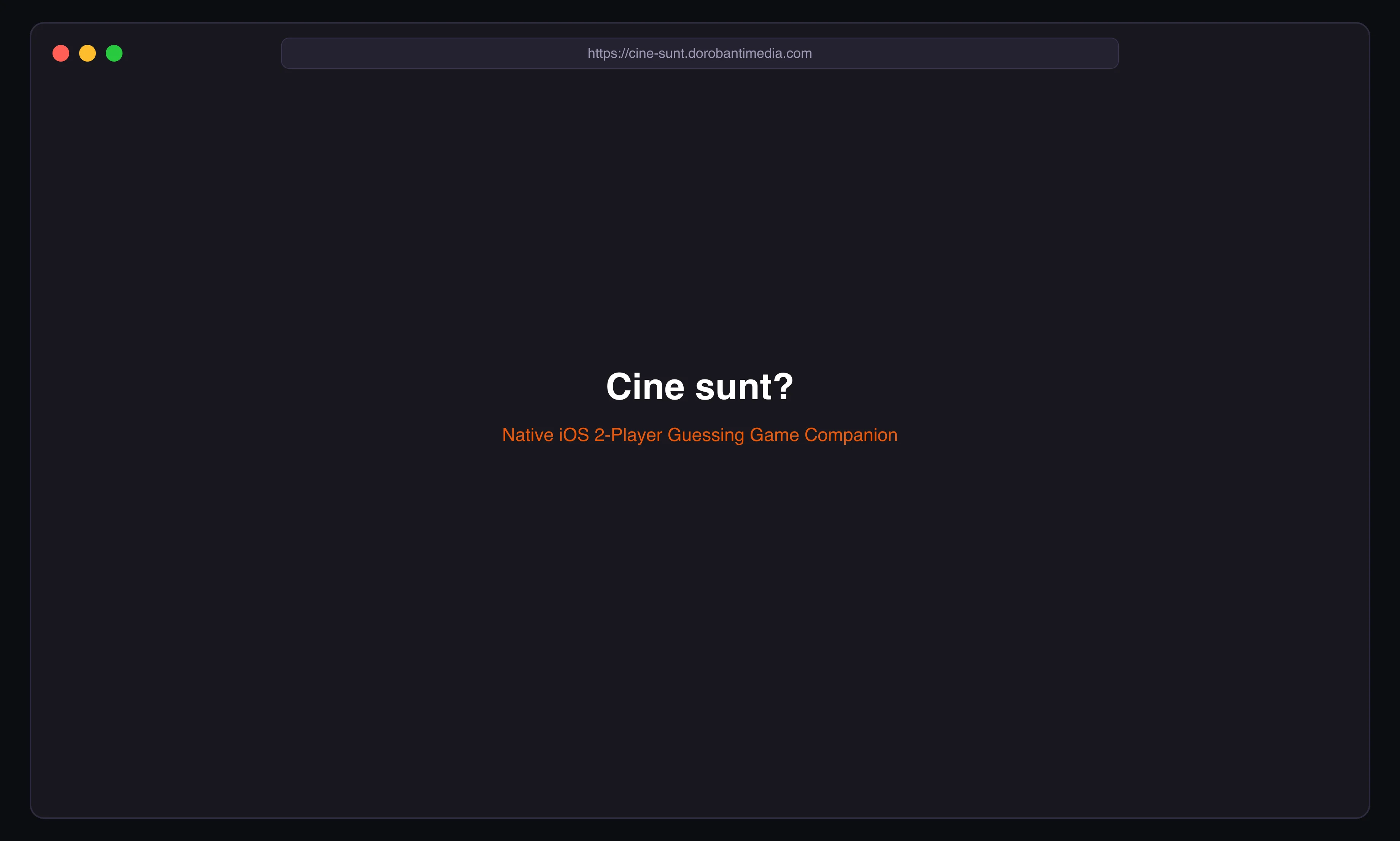 Cine sunt? iOS game companion website with dual player identity cards displayed in a Safari browser window