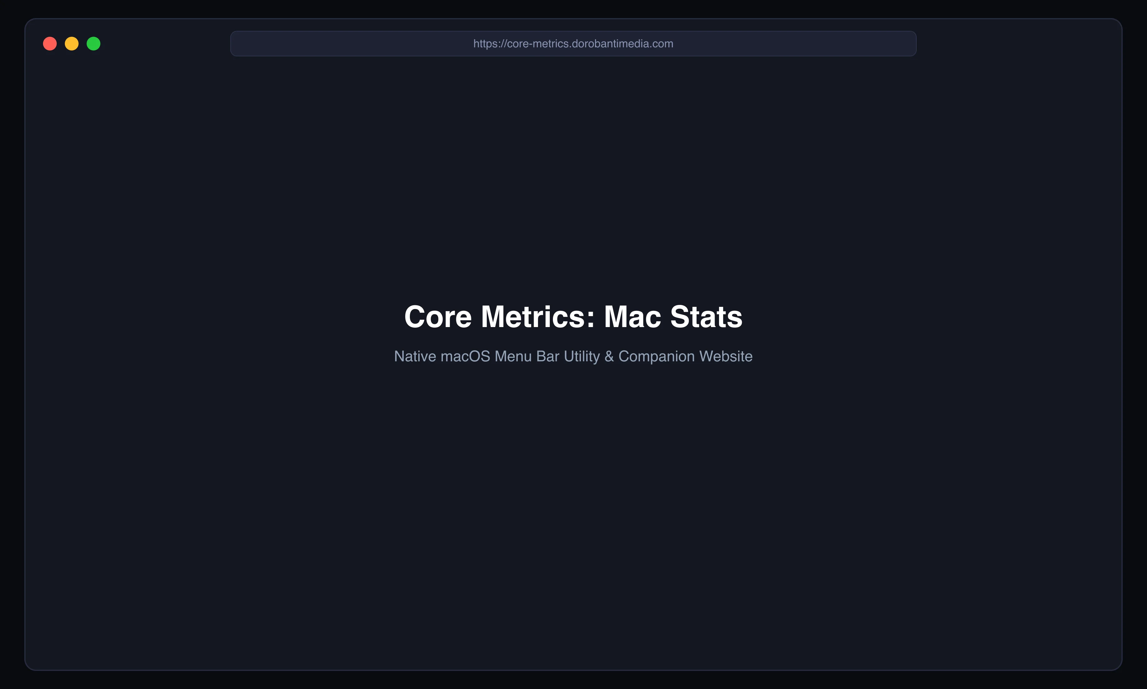Core Metrics Mac companion website and interactive menu-bar telemetry simulator displayed in a Safari browser window