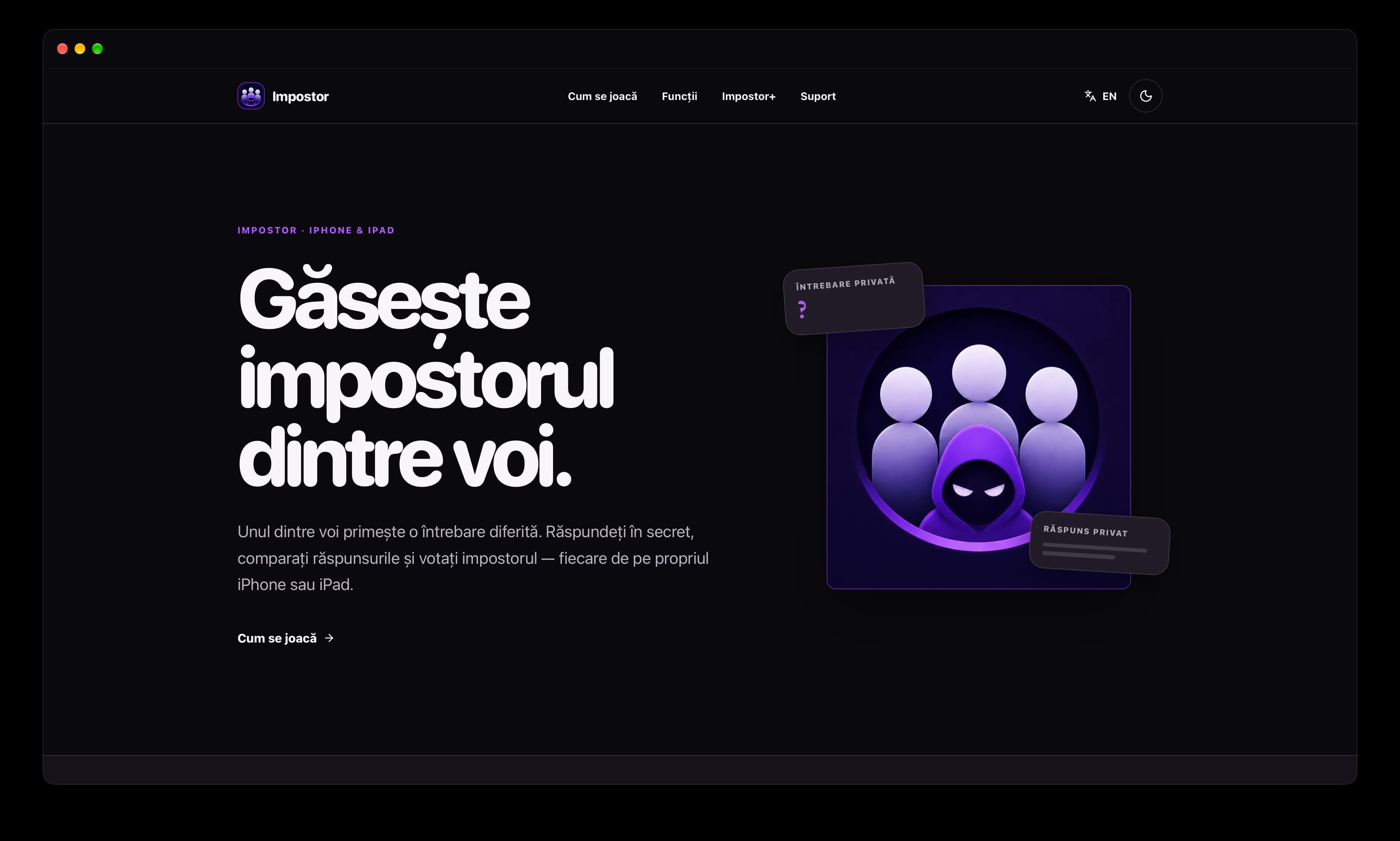Ecranul principal al site-ului Impostor în română, cu titlul Găsește impostorul dintre voi și grafica mov a jocului într-o fereastră de browser întunecată