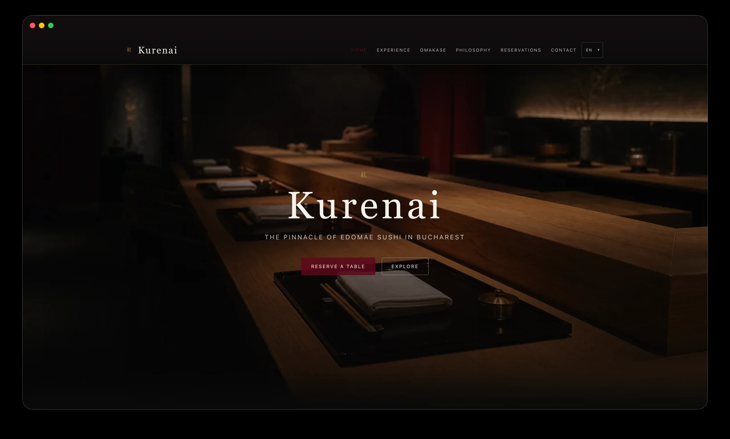 Kurenai omakase concept displayed in a Safari browser window