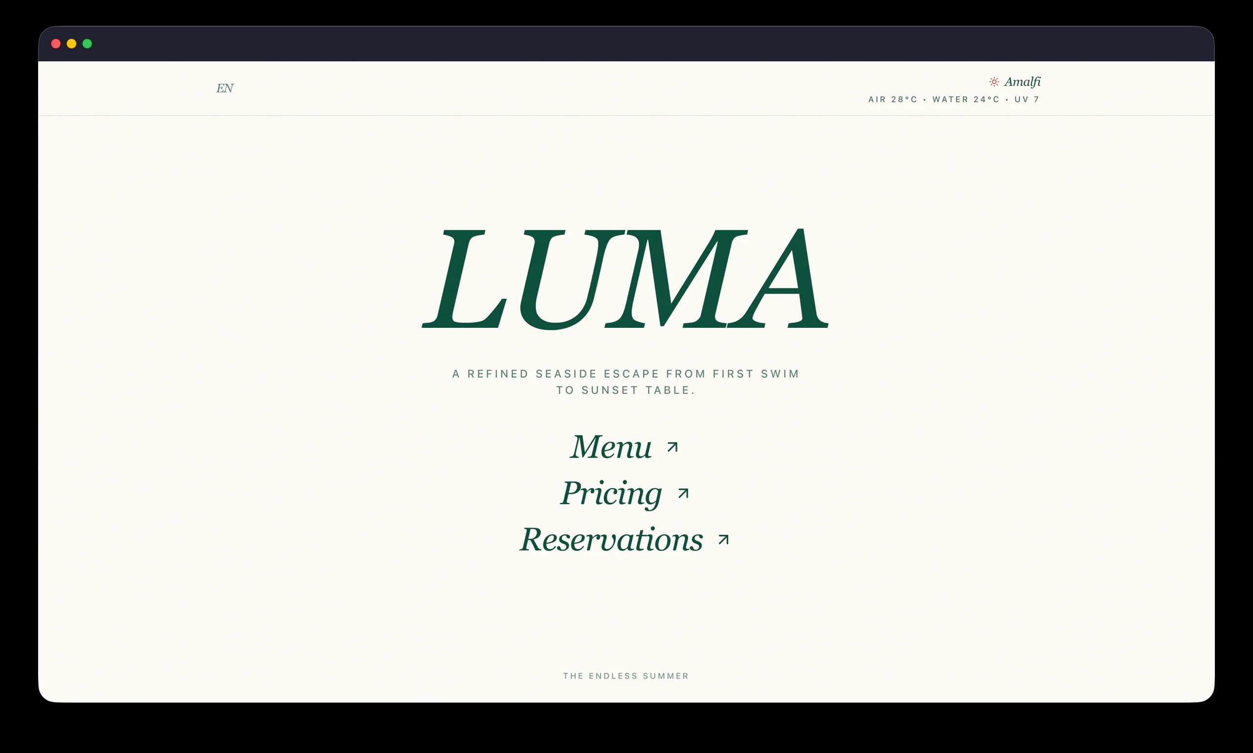 Luma seaside hospitality concept displayed in a Safari browser window