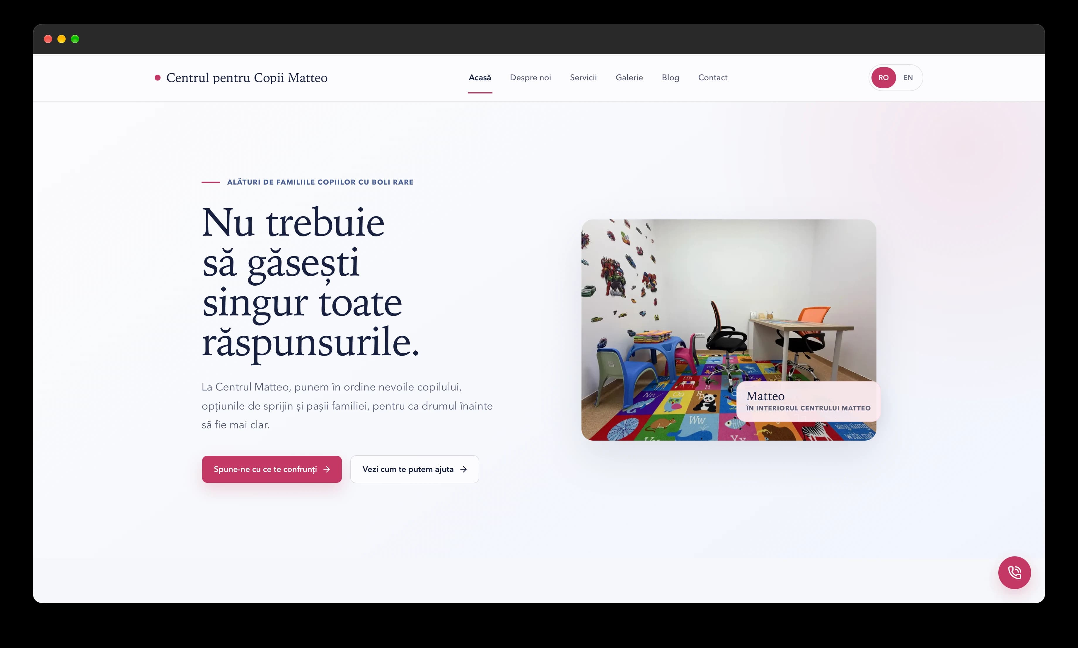 Site-ul Centrului pentru Copii Matteo afișat într-o fereastră Safari
