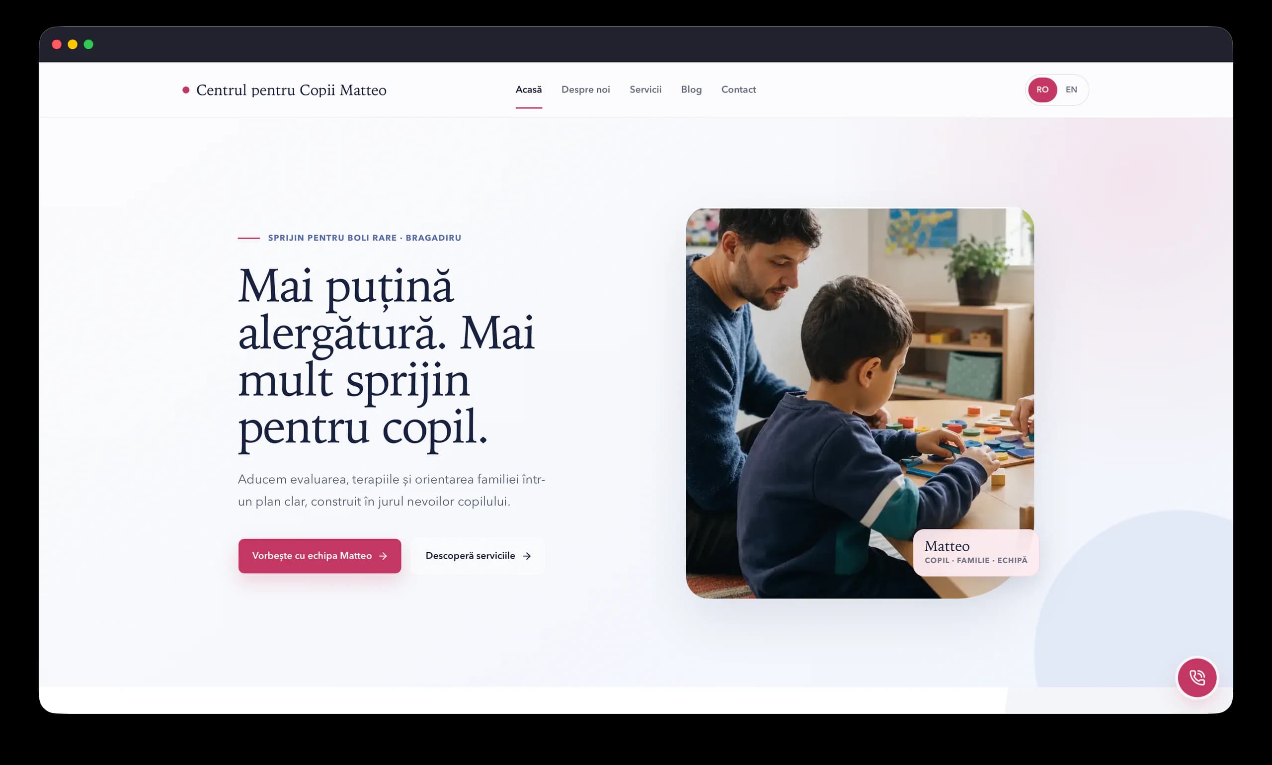 Site-ul Centrului pentru Copii Matteo afișat într-o fereastră Safari