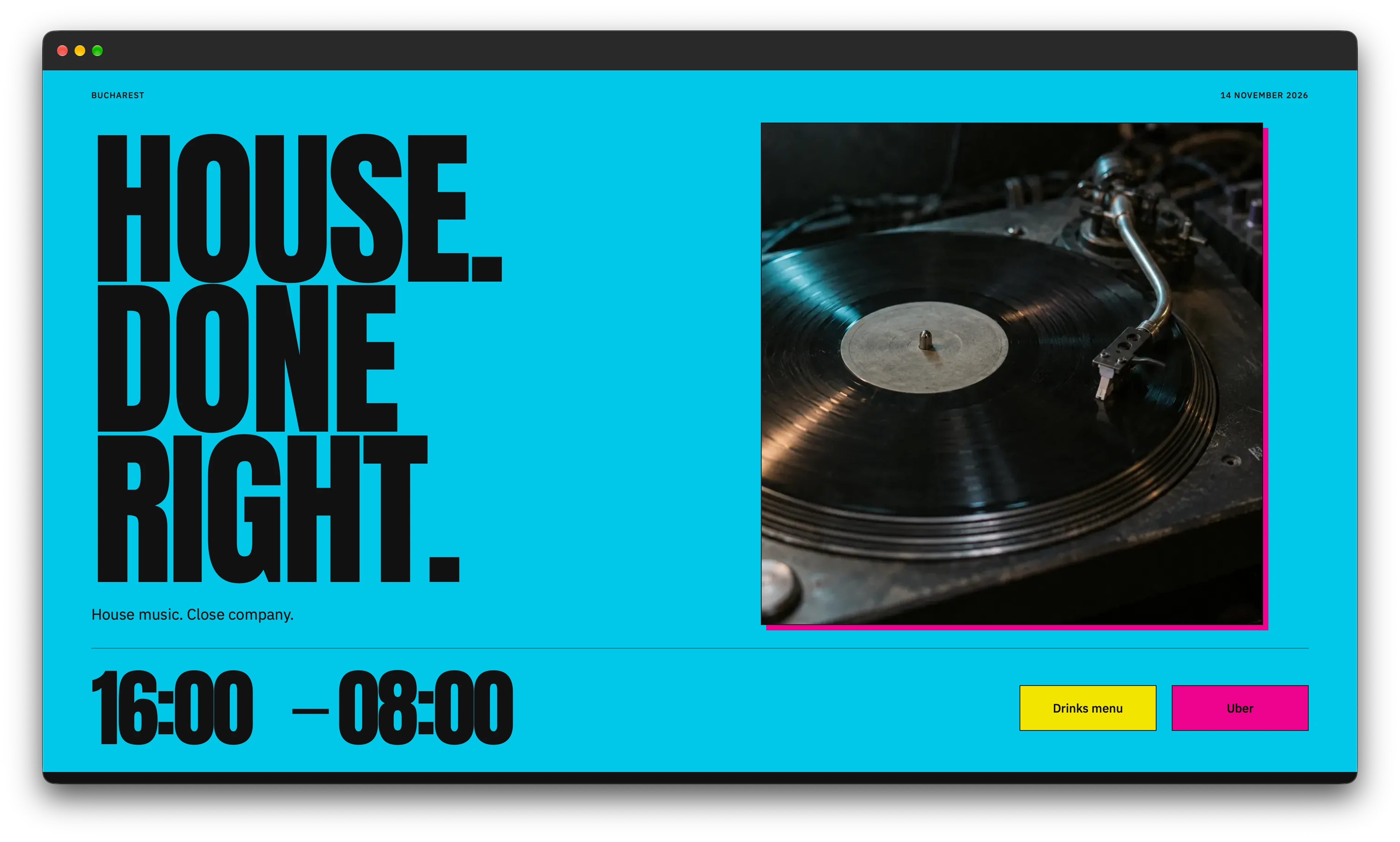 Site-ul de evenimente house NEBEN cu titlul negru supradimensionat HOUSE. DONE RIGHT., fundal cyan, o fotografie cu un disc de vinil și butoane galben și magenta, într-o fereastră de browser