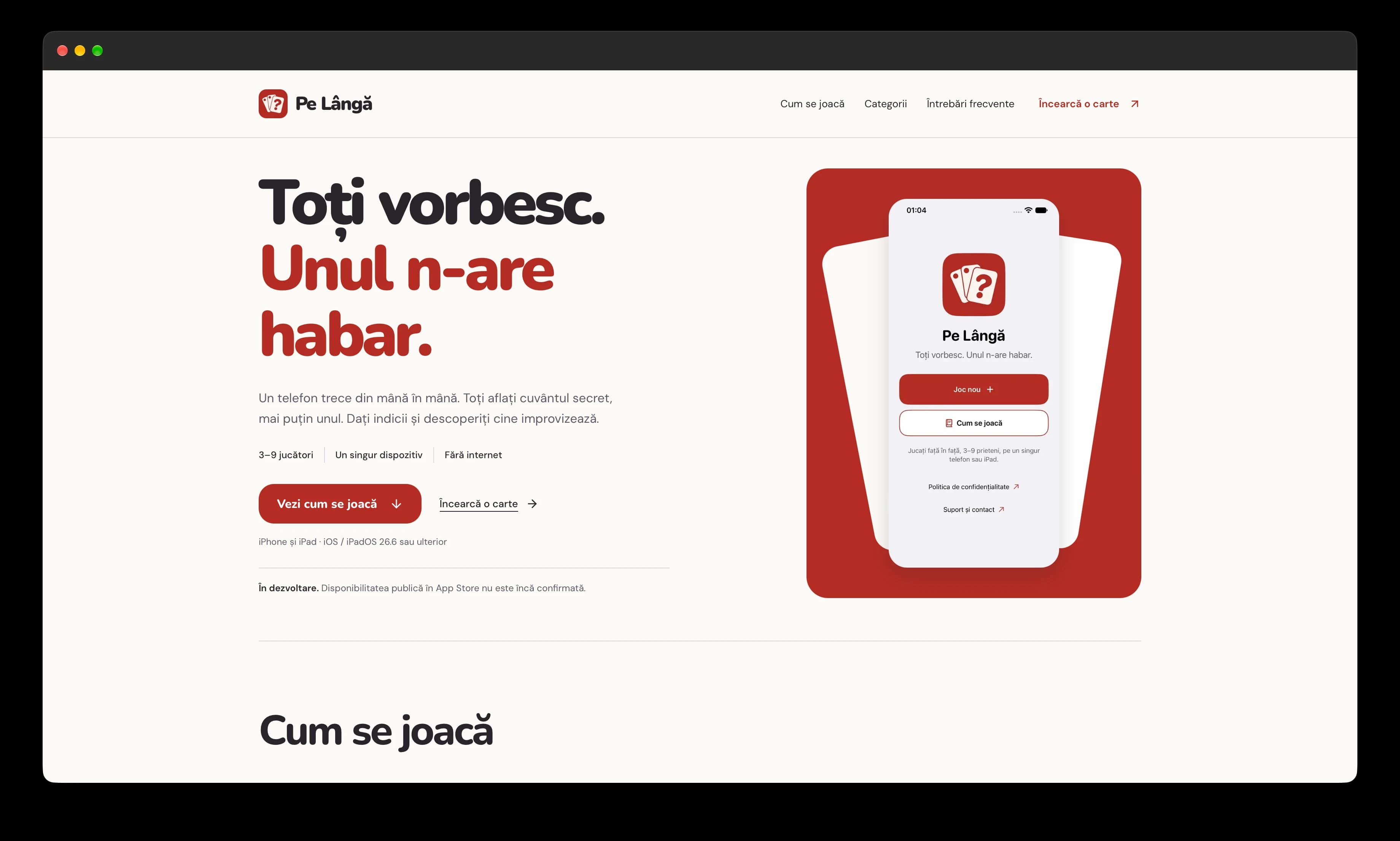 Site-ul Pe Lângă cu un titlu mare în limba română, accente roșii și o previzualizare a jocului pe iPhone într-o fereastră de browser