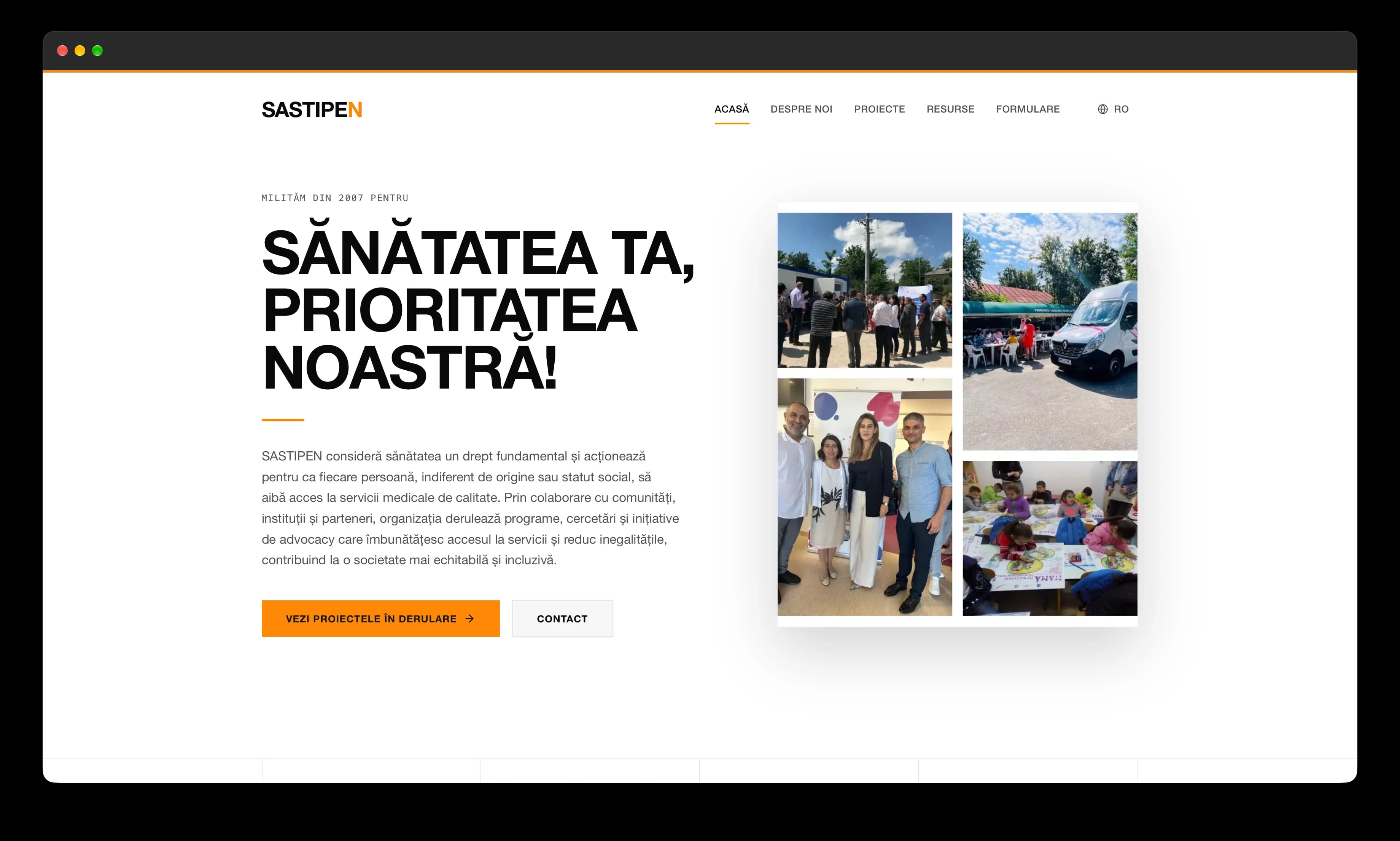 Site-ul organizației de sănătate SASTIPEN afișat într-o fereastră Safari