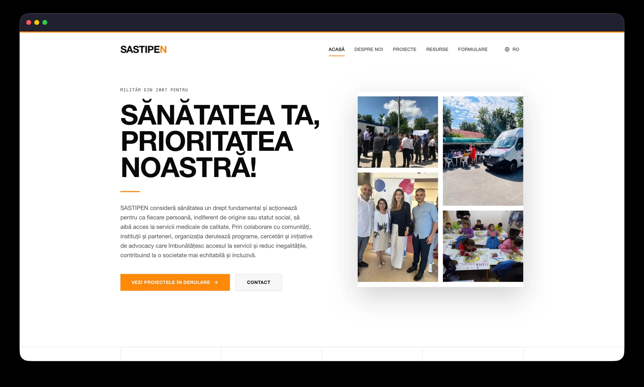 Site-ul organizației de sănătate SASTIPEN afișat într-o fereastră Safari