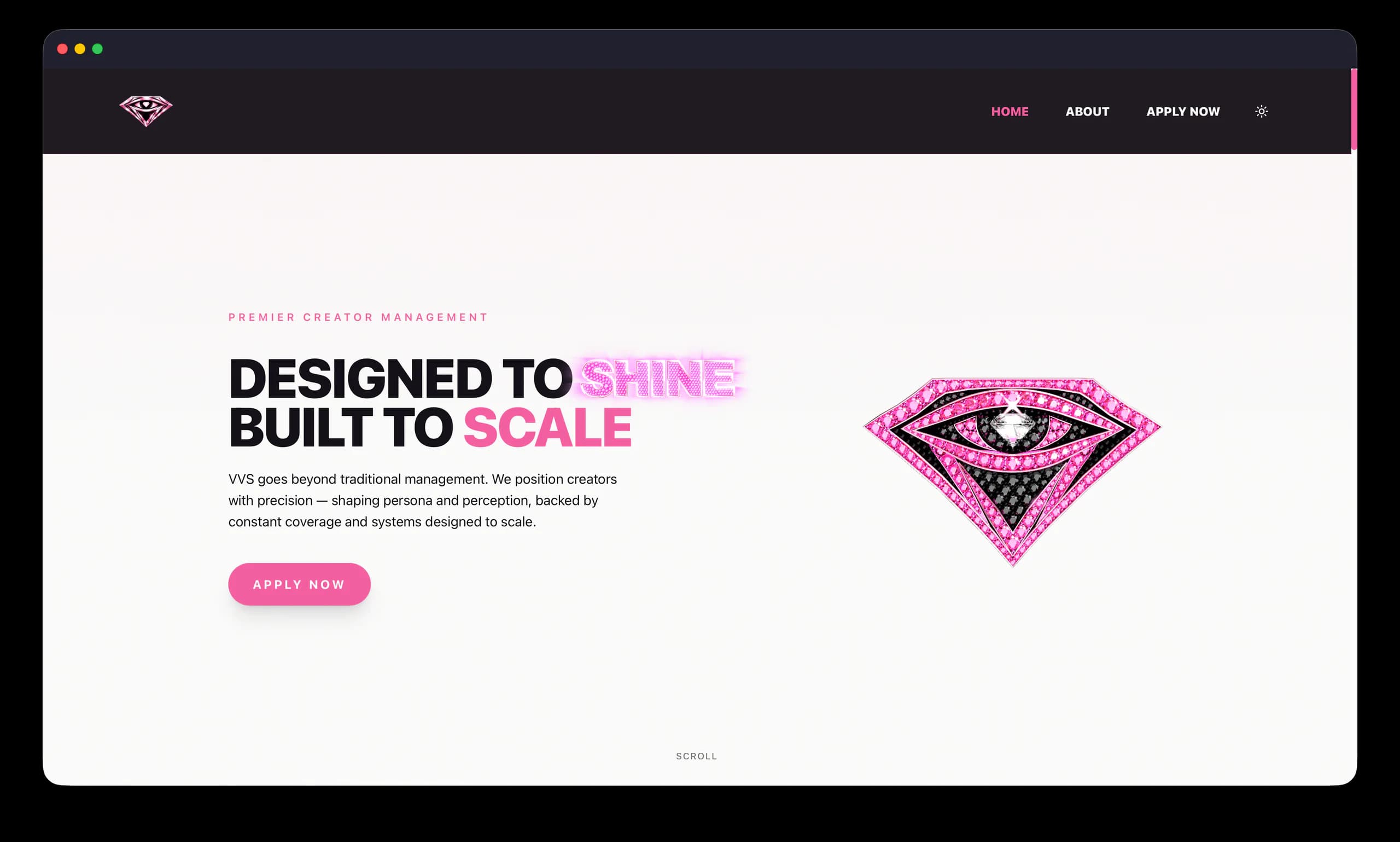 VVS Management creator management website displayed in a Safari browser window